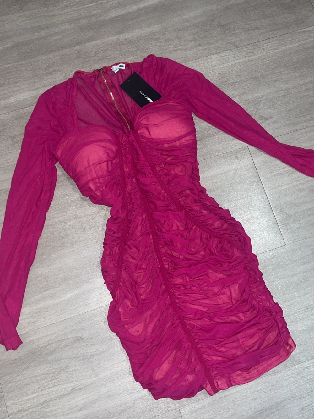 Fuchsia Ruched Long-Sleeve Bodycon Dress